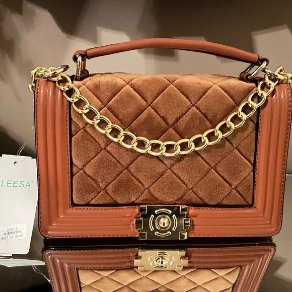 Brown and Gold Quilted Shoulder Bag with Chain Strap - Picture 1 of 4